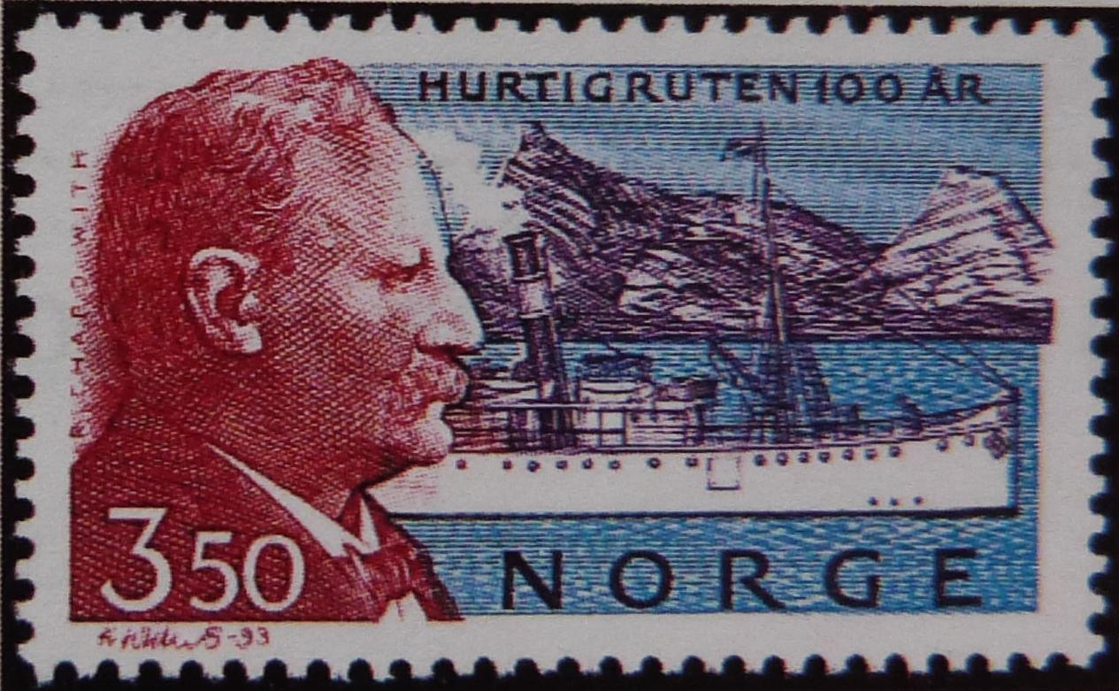 Hurtigruta 100 år, særfrimerke 17. juni 1993. Motiv: Kaptein Richard With og DS «Vesteraalen», Vesteraalens Dampskibsselskab (VDS), Stokmarknes. Richard With var grunnleggjar av VDS og «far» til Hurtigruta.