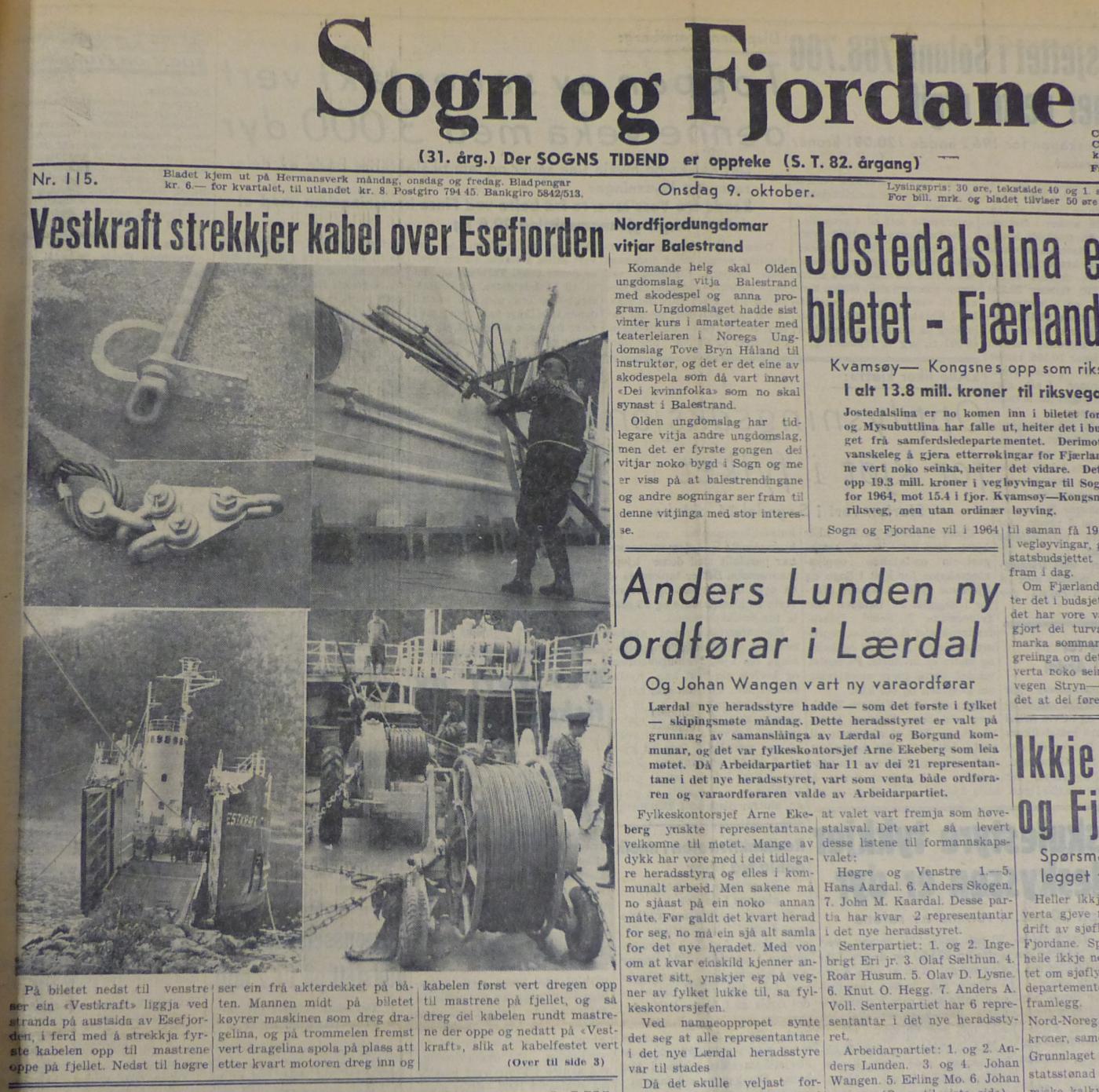 Arbeidet var ei storhending. Avisa Sogn og Fjordane, Leikanger, hadde stort førsteside-oppslag.