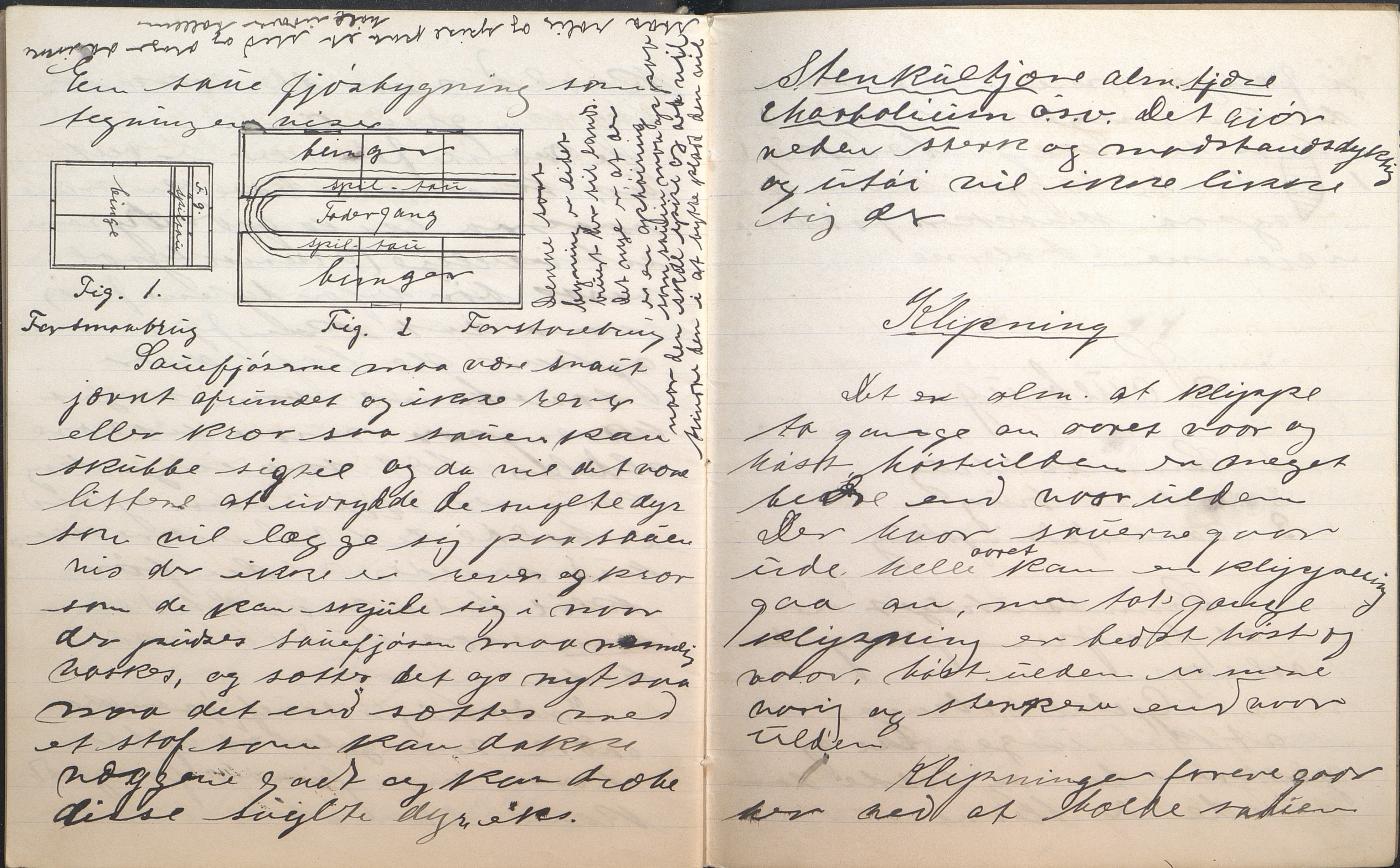 Johan Pedersen Øren (f. 1880) frå Kyrkjebø i Høyanger gjekk på Rikheim i 1902 og 1903. Notat om fjøsbygging frå kladdeboka han brukte i husdyrlære. Teikninga er frå ein time om fjøsbygging.