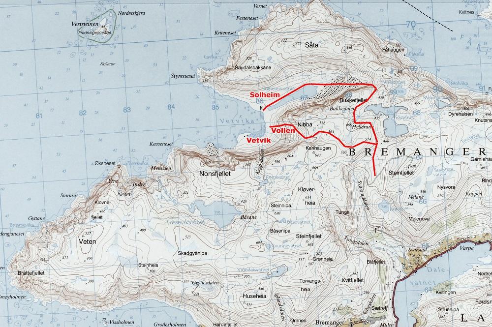 Kart over vestre delen av Bremangerhalvøya med Olderveggen og Vetvika. I 2009 er det to merka stiar til Vetvika, den eine om Ura i nord og langs Solheimsvatnet, den andre ei beinare line som kjem ned til garden Vollen.
