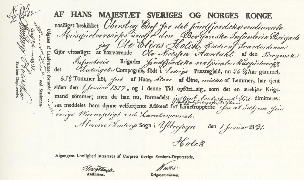 Dimmisjonssetel frå Ole Elias Holck frå 1831. 
