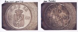 <p>Ekte mynt, 25 &oslash;re 1876, i samlinga til Den Kongelige Mynt, Kongsberg (til venstre). Falsk mynt, 25 &oslash;re 1876, oppdaga i F&oslash;rde 1880, oppbevart i Fylkesarkivet i Sogn og Fjordane.&nbsp;</p>