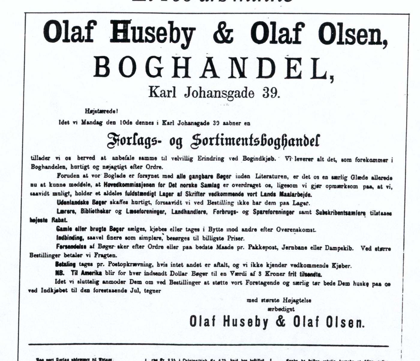 Utsnitt av annonse i Verdens Gang 8. desember 1883 - ny forlagsbokhandel på Karl Johan. Tre bøker er særleg nemnde: <i>Sangbok for den norske Ungdomsskole</i> og <i>Tænk selv</i> av amerikanaren Robert Green Ingersoll (1833-1899) med føreord av Bjørnstjerne Bjørnson.