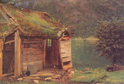 Amaldus Nielsen (1838-1932) er ein av mange kunstnarane som måla Munkastova. Dette biletet har namnet "Fra Sognefjorden" og er frå 1865. Originalen er i Nasjonalgalleriet i Oslo.
