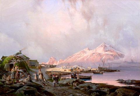 Dette biletet har namnet: <i>Fiskevær i Finnmark,</i> og er måla i 1883. 
