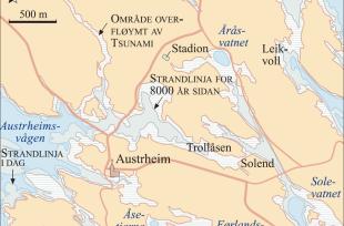 Kart med strandlinja for 8000 år sidan og områda som vart overfløymde av flodbølgja